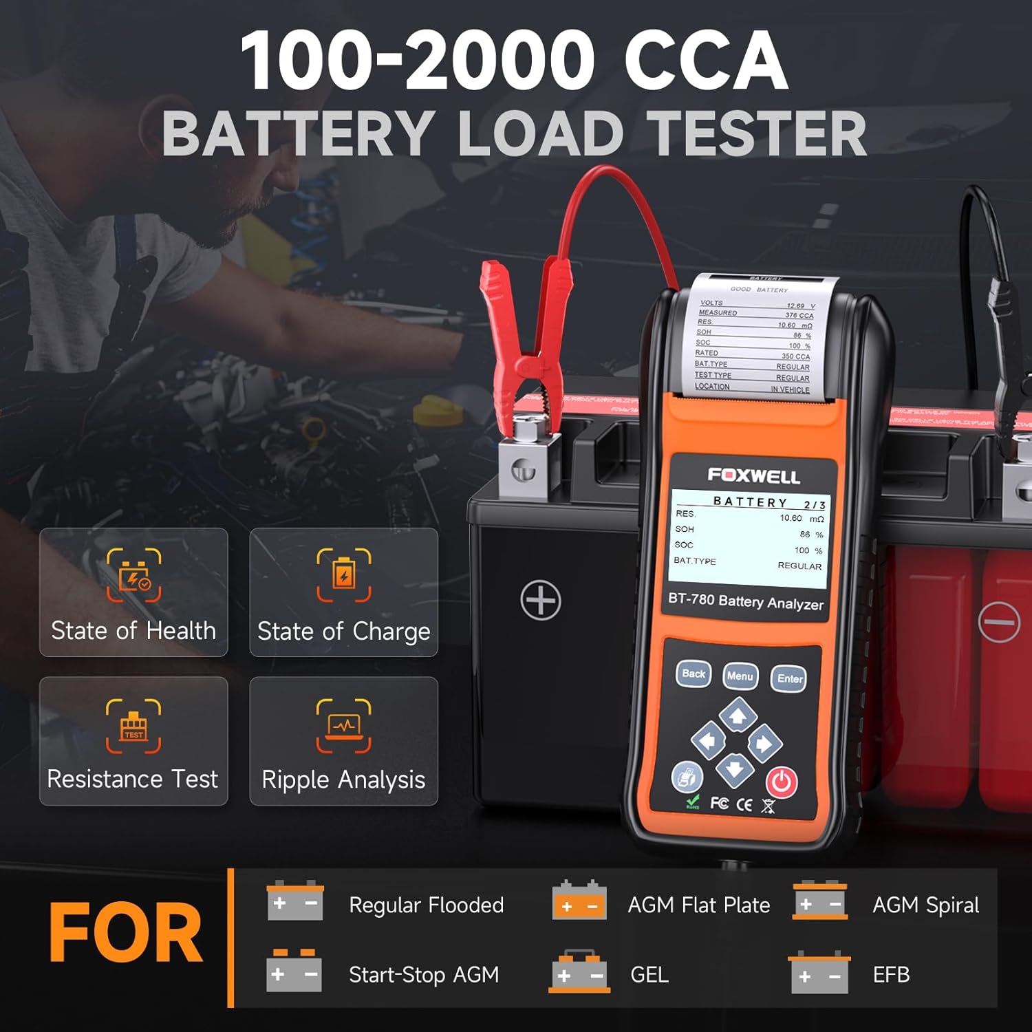 FOXWELL BT780 Car Battery Tester, 12V 24V Battery Load Analyzer with Printer & Portable Carrying Case for OBD2 Scanners & Battery Testers