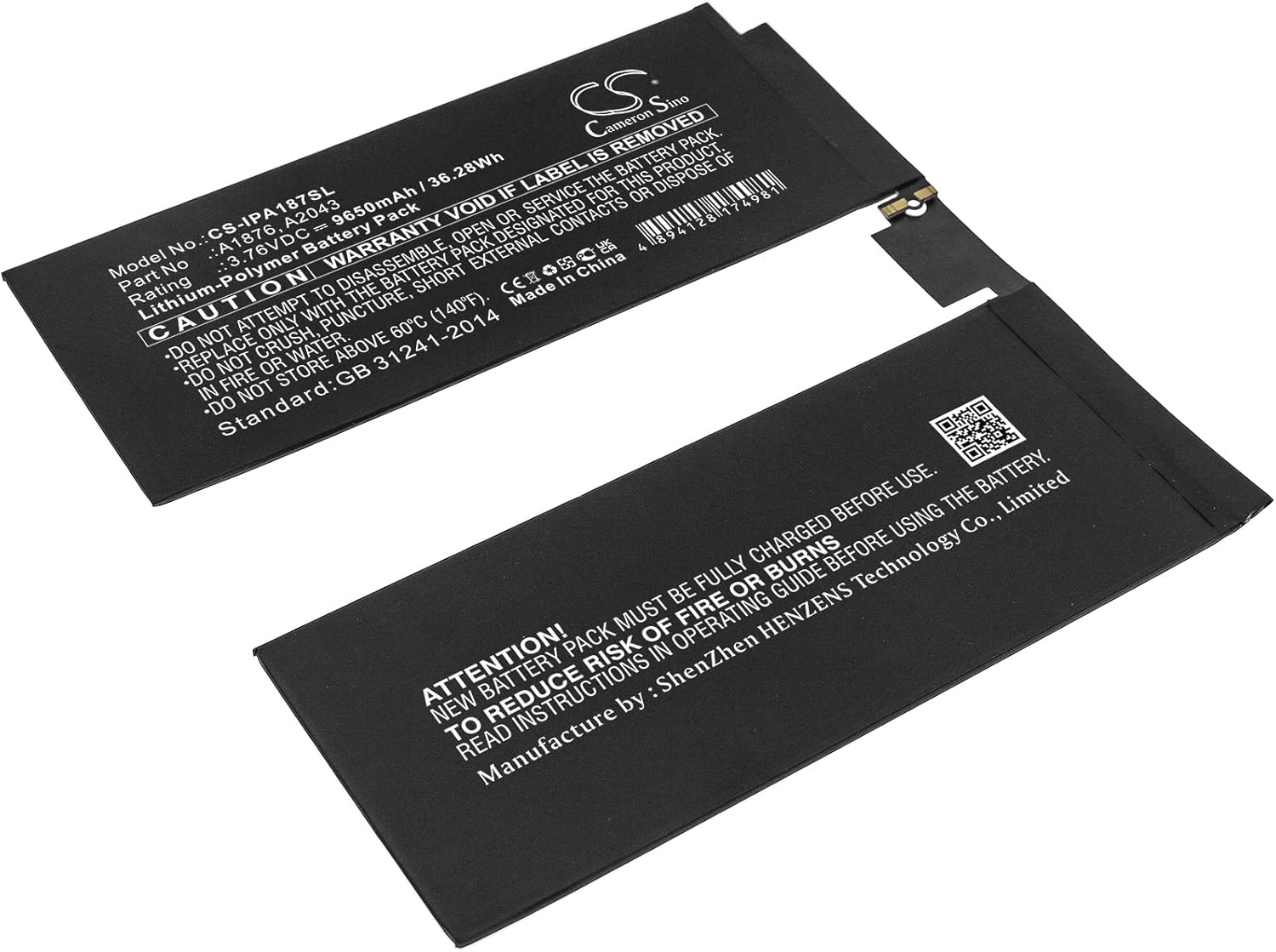 9650mAh / 36.28Wh Replace Battery for A1876, A1895, A1983, A2014, A2069, A2229, A2232, A2233, iPad Pro 12.9 2018 3rd Gen, 12.9 4th PN: A1876, A2043