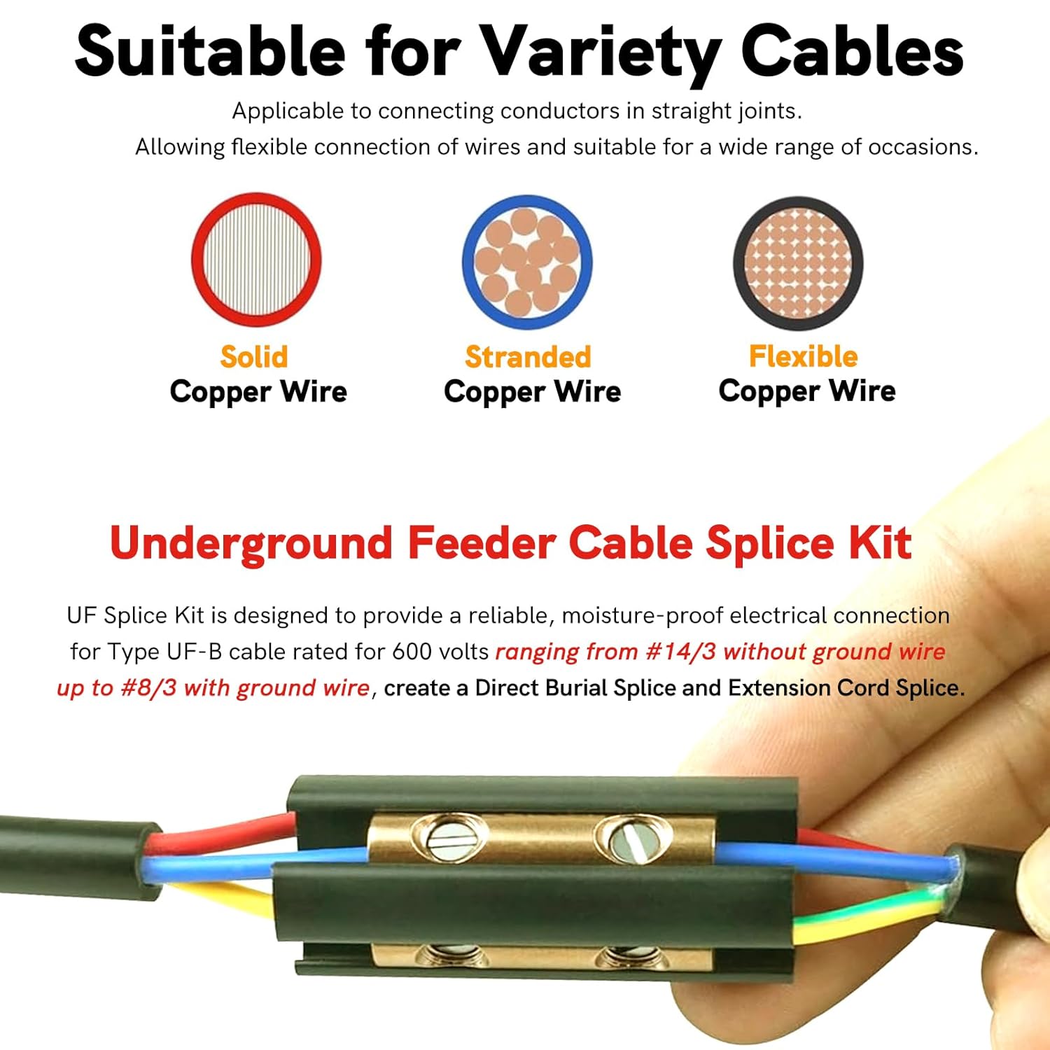 2Set Underground Feeder (UF) Wire Splice Kit 14/3 to 8/3 AWG Direct Buried UF Wire Splice Connectors Extension Cord Splice Kit 14-8 AWG Screw Splice Connectors w/8" Heavy-Wall Heat Shrink, Black & Red