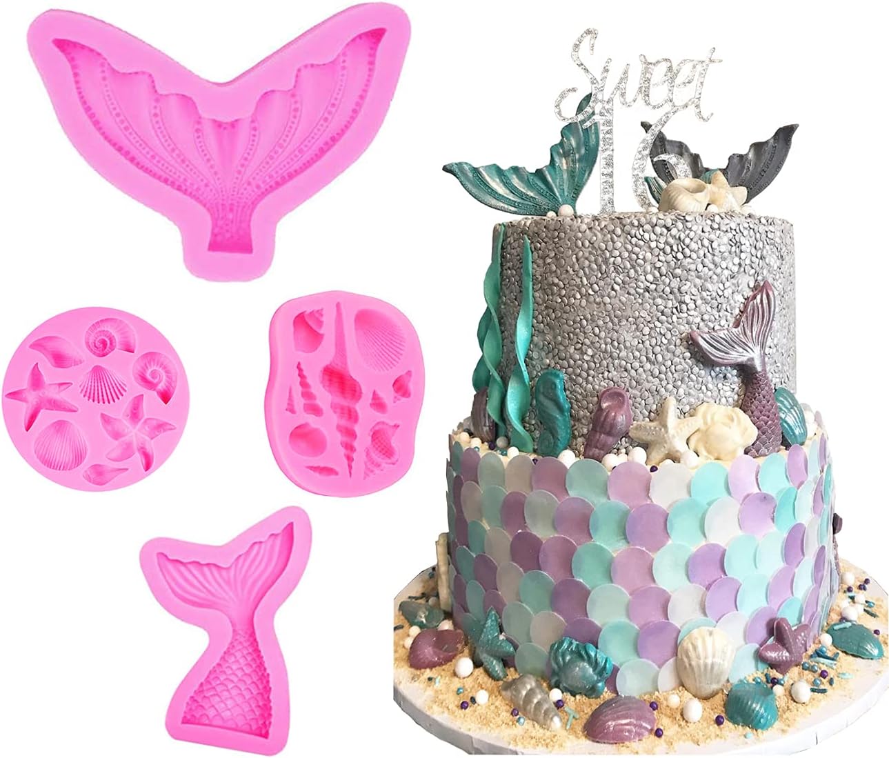 4 Pieces Mermaid Tail and Seashell Silicone Fondant Mold for Cupcake Cake Decoration,Candy Chocolate Mold for Mermaid Theme Party or Birthday Party