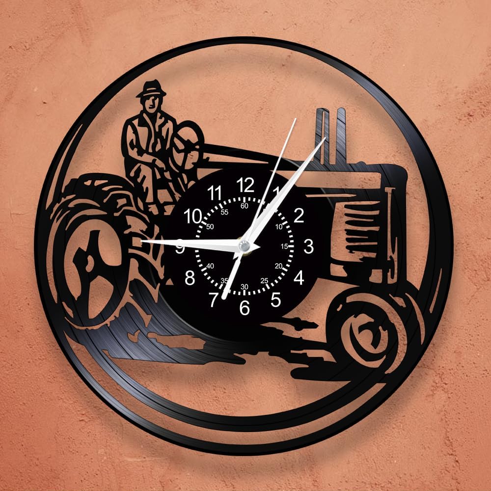 Farmhouse Wall Clock, 12 Inch Farmer on Tractor Wall Clock, Silent Quartz Non Ticking Battery Operated Vintage Decorative Analog Vinyl Record Clock Wall Watch for Farmhouse Farmers Gifts