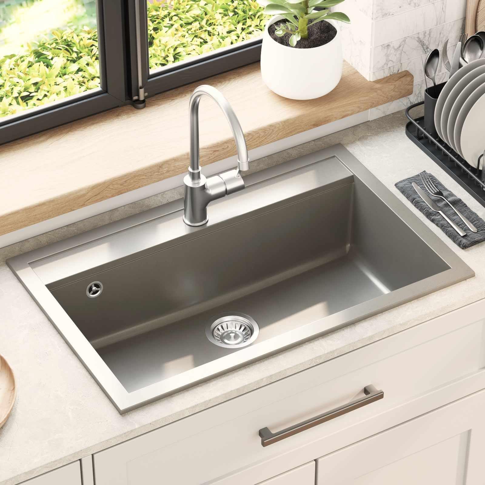 Lavabo gris granito 795 x 505 mm, fregadero de cocina montado sobre encimera con rejilla para cesta de residuos, fregadero resistente a los arañazos, lavabo individual para cocina moderna