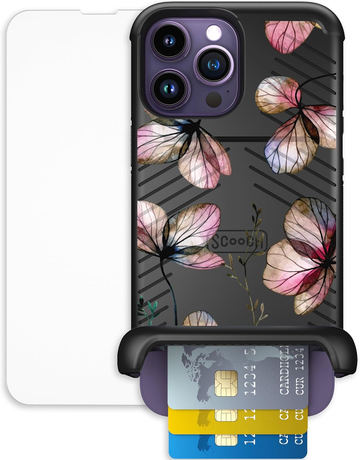 Scooch for iPhone 14 Pro Max Case with Card Holder, Wingmate Wallet Case with Hidden Card Slot and RFID Protection, Bundled with Tempered Glass Screen Protector, Dried Flowers