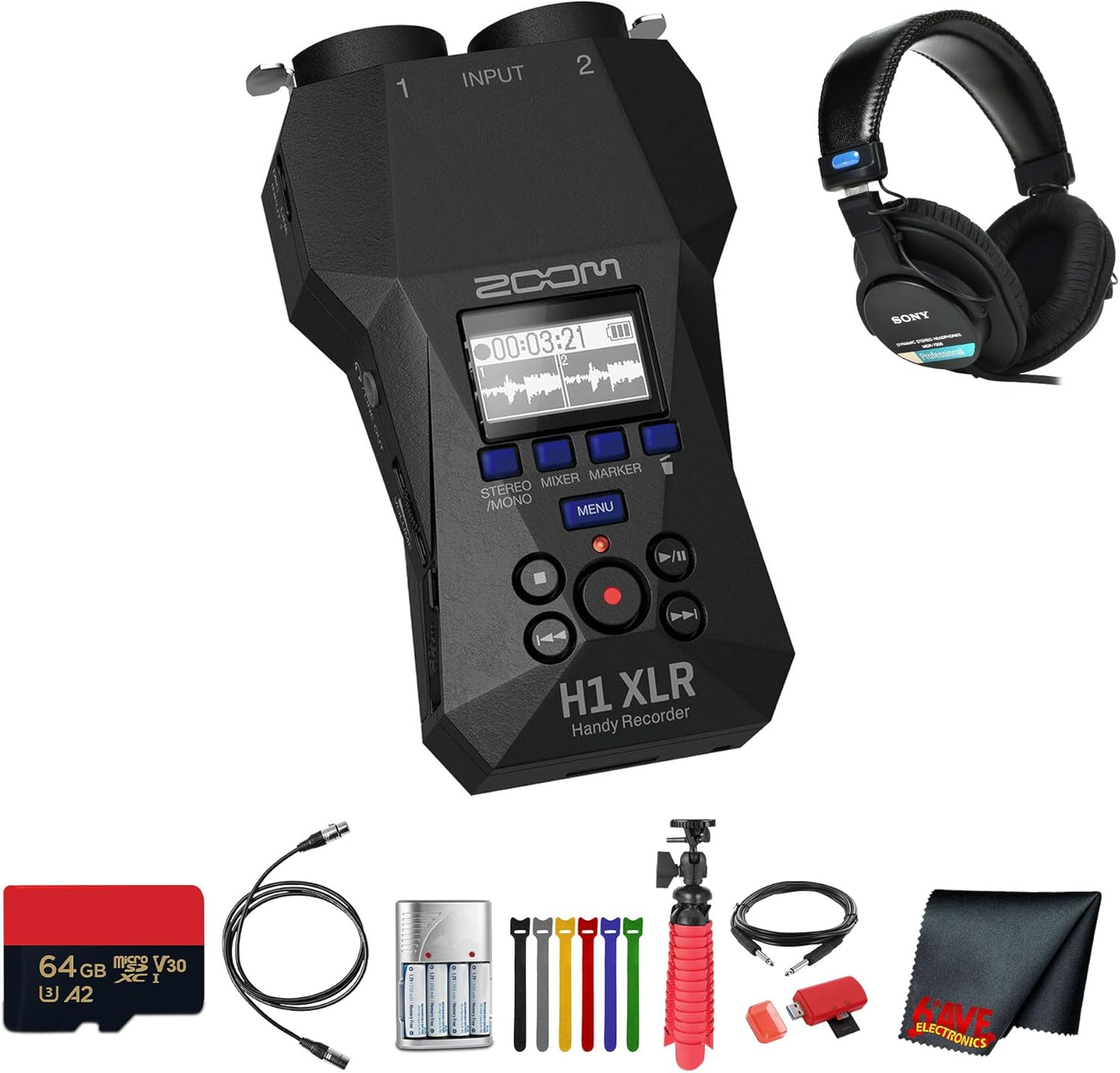 Zoom H1 XLR Portable Audio Recorder for Video Bundle with MDR-7506 Professional Stereo Headphones + Extreme Pro 64GB microSDXC Memory Card + USB Card Reader + More