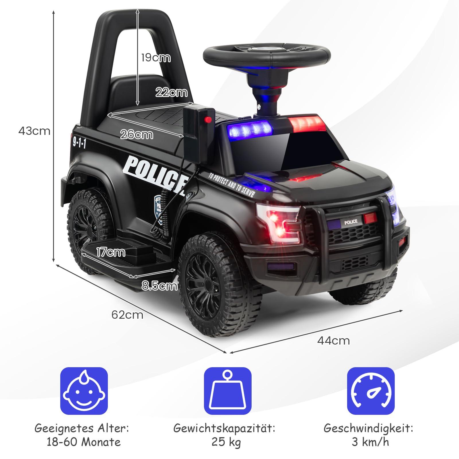 GOPLUS Kinder Elektroauto Polizei, 6V Kinderfahrzeug mit Megaphon, Sirenengeräuschen und Lichtern, Kinderauto mit Musik, Geschenk für Jungen und Mädchen im Alter von 18-60 Monaten (Schwarz)