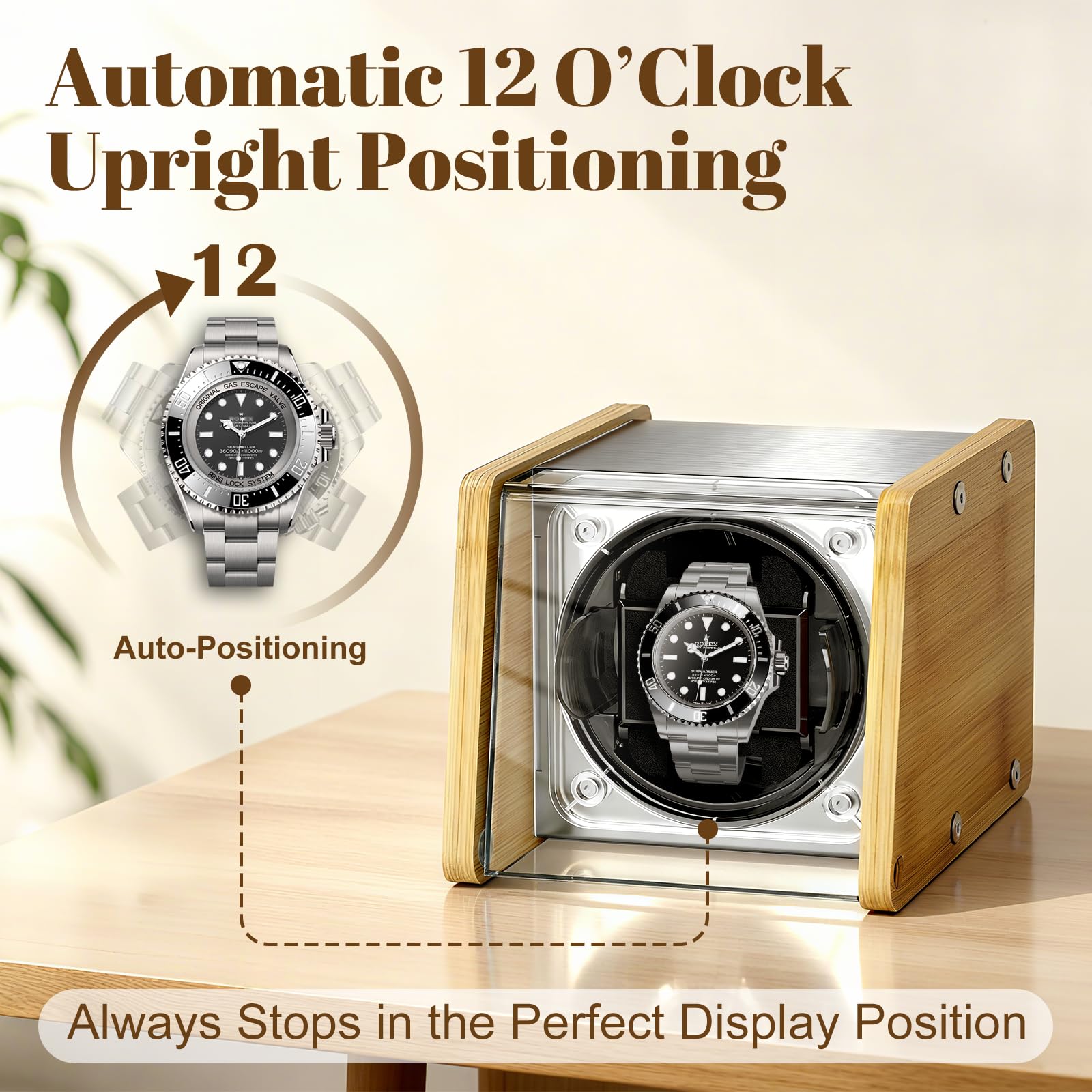 Watch Winder Smith Bambus Single Automatik Uhrenbeweger Box - Leiser Motor, 4 Rotationsmodi, passt übergroße Uhren, Geschenk für Herren und Damen Uhren