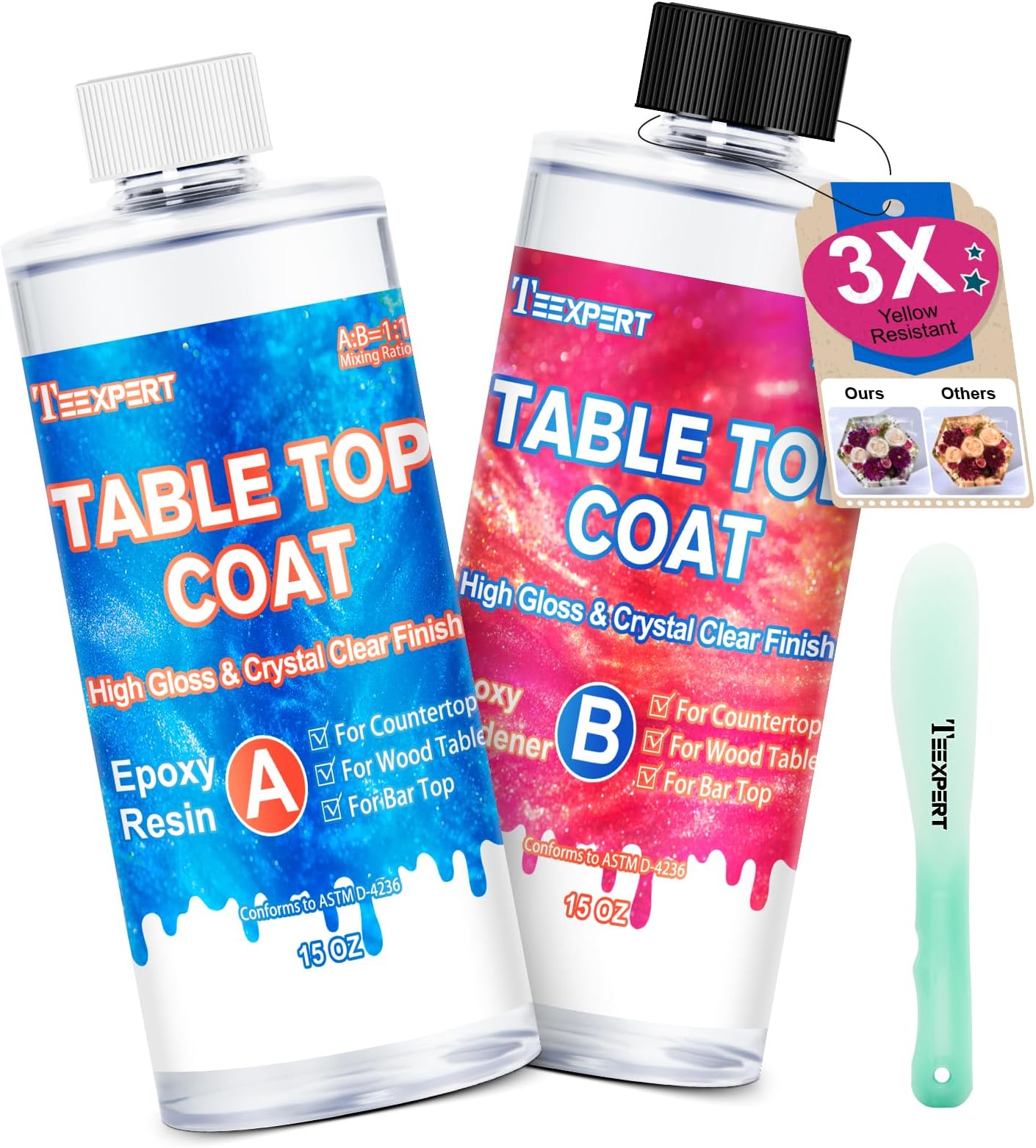 Teexpert Table Top Epoxy Resin Kit 30OZ, 3X Yellow Resistant & Super Gloss Finish Coating Resin, Crystal Clear Resin Epoxy Kit for Wood Table, Bar Top & Kitchen Countertop, Epoxy Art Crafts, DIY