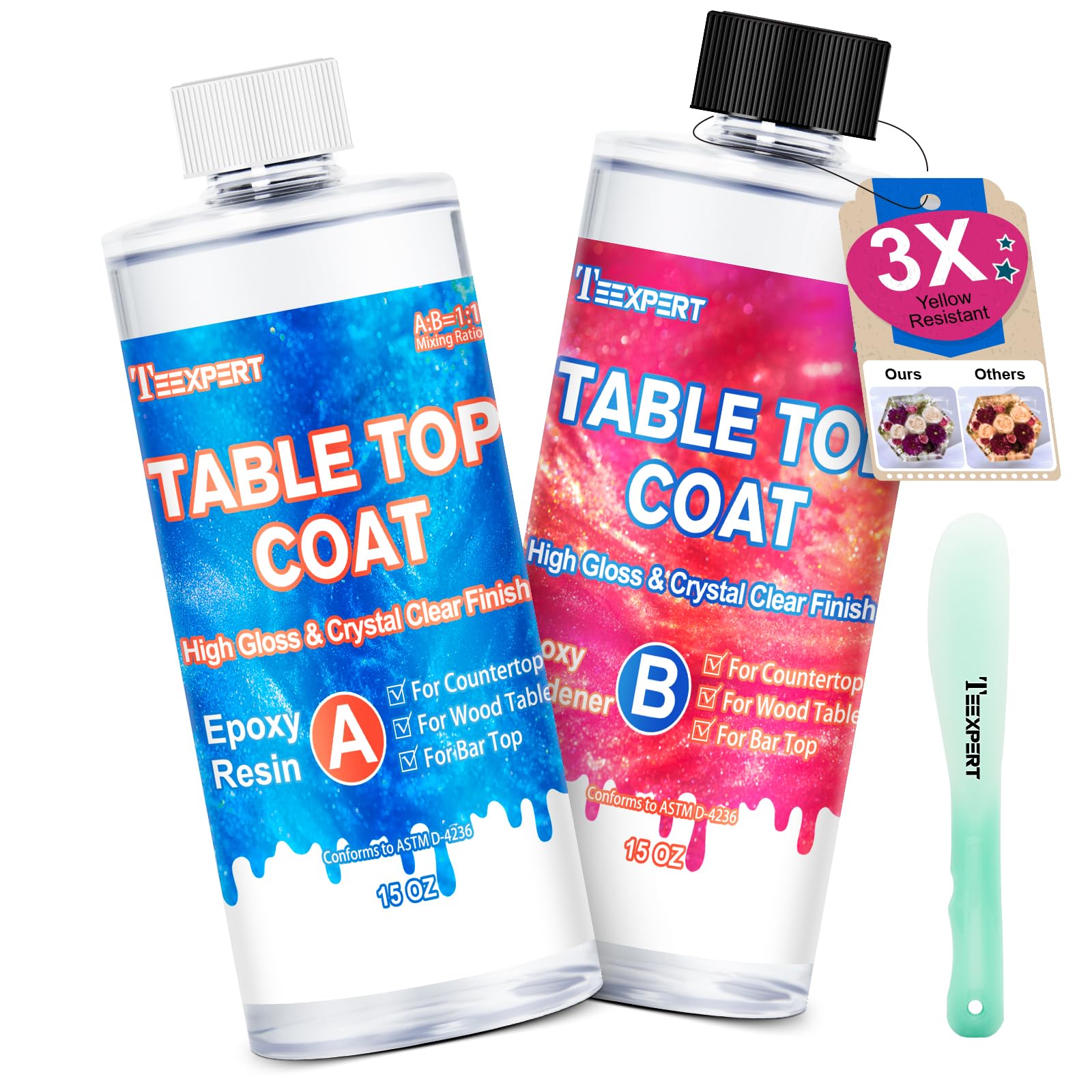 Teexpert Table Top Epoxy Resin Kit 30OZ, 3X Yellow Resistant & Super Gloss Finish Coating Resin, Crystal Clear Resin Epoxy Kit for Wood Table, Bar Top & Kitchen Countertop, Epoxy Art Crafts, DIY