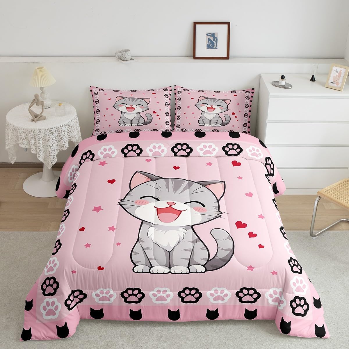 Manfei Lovely Cat Bedding Comforter Sets Toddler,Pink Black Cat Paw Footprint Bedding Set for Bedroom Decoration,Cute Animals Pink Print with 1 Comforter and 1 Pillow Case Bedroom Decor