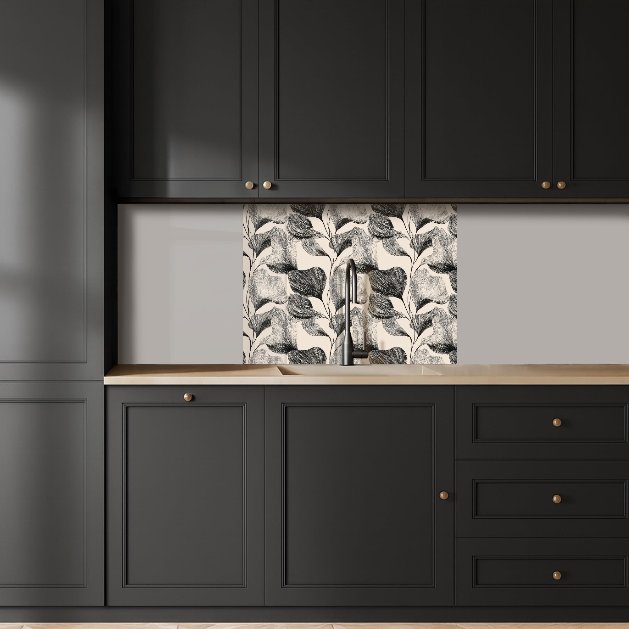 KitchenYeah© Antisalpicaduras Cocina 60x80 cm Adhesivo Salpicadero Protector Pared Salpicaduras Revestimiento Botánico - Hojas - Negro