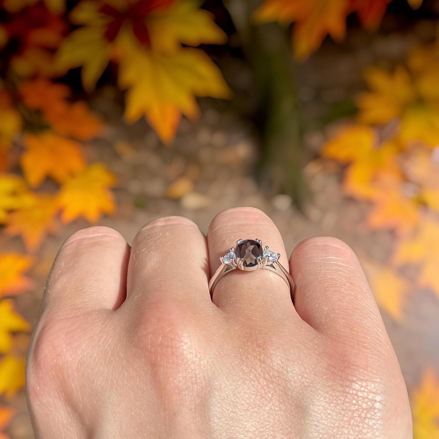 Three Stone Art Deco Ring Oval Natural Chocolate Smoky Quartz Vintage Style CZ Wedding Engagement Rings For Women 925 Sterling Silver Birthday Gift For Her