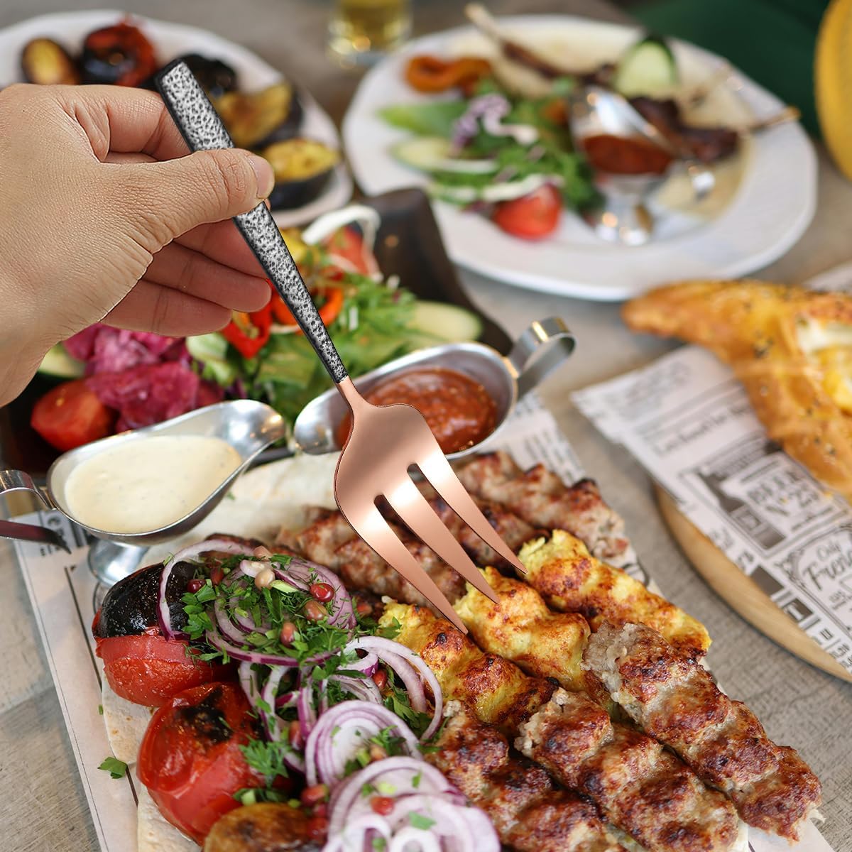 Gold Cold Meat Fork 1 Piece, With Black Mars Handle, Stainless Steel Forks Silverware Set, Kitchen or Restaurant, Meat Fork for Home