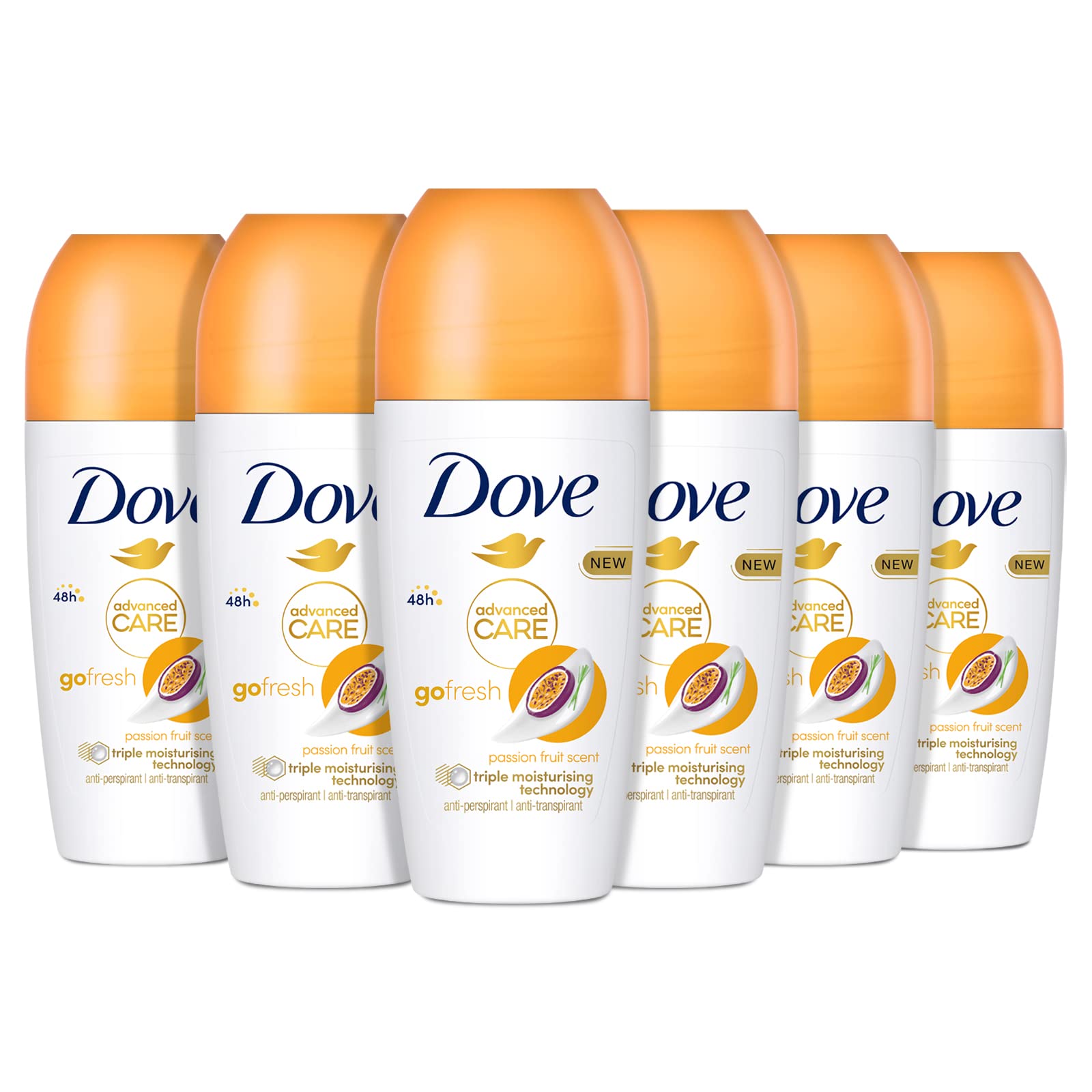 Advanced Care Go Fresh Passion Fruit Scent Antiperspirant Deodorant Pack of 6 with Triple Moisturising Technology Roll-On for 48 Hours Protection 50 ml