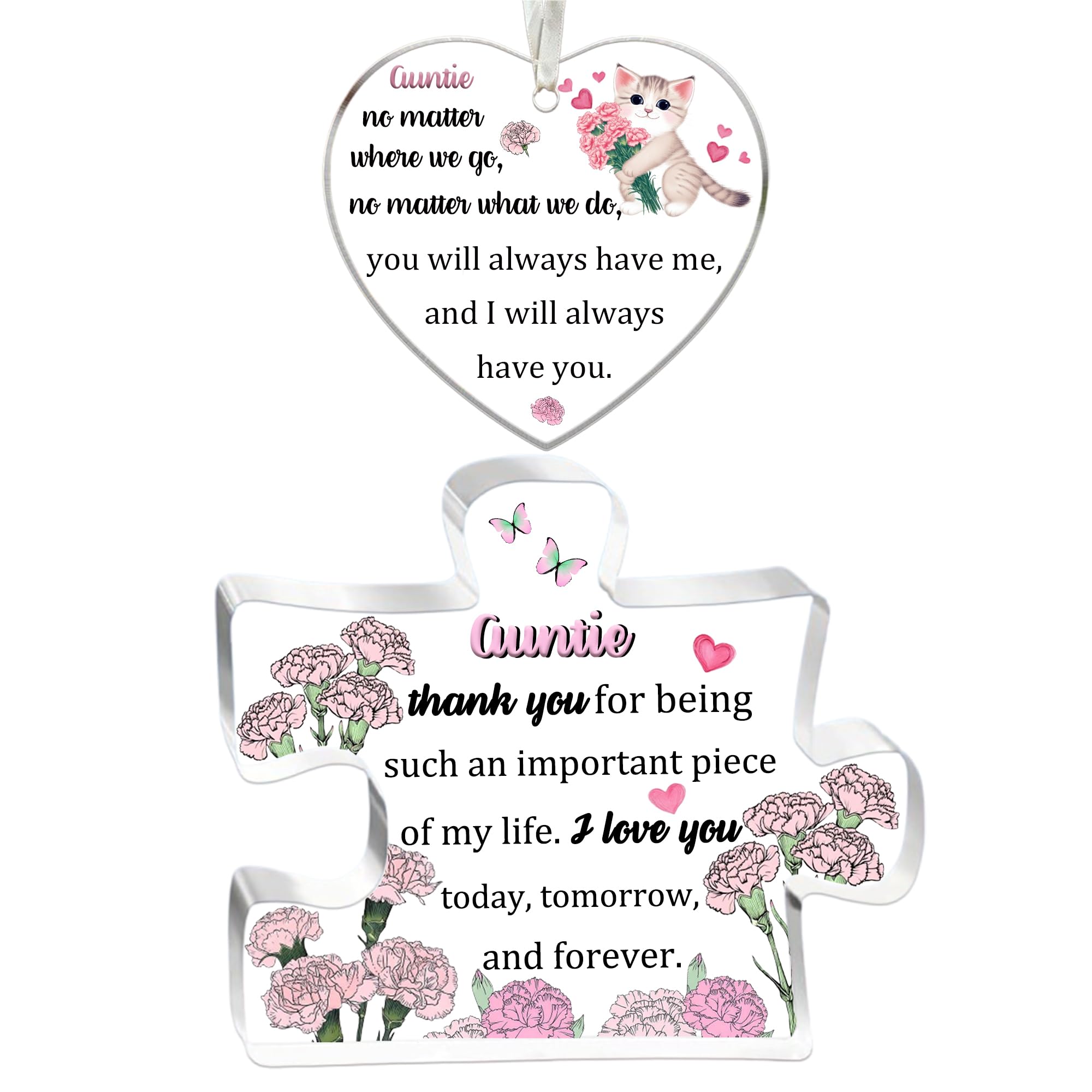 Aunt Gifts Women 2PC Set Acrylic Puzzle Plaque Heart Hanging Ornament Mothers Day Birthday Auntie Appreciate Thanksgiving Aunty Thank You Keepsake Retired from Niece Nephew — image 1
