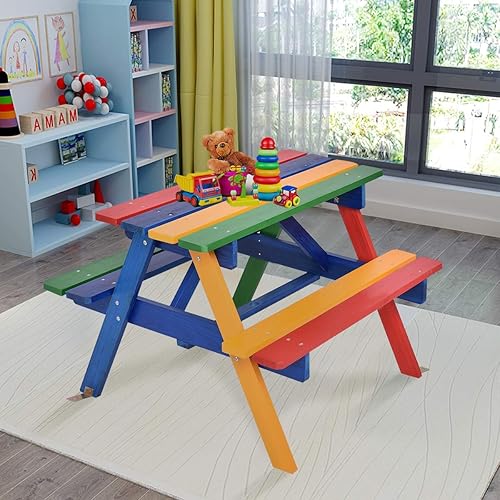 Vista 8 de Olakids Mesa de picnic para niños, juego de mesa y silla de madera para niños pequeños con paraguas extraíble, juego de muebles de actividades
