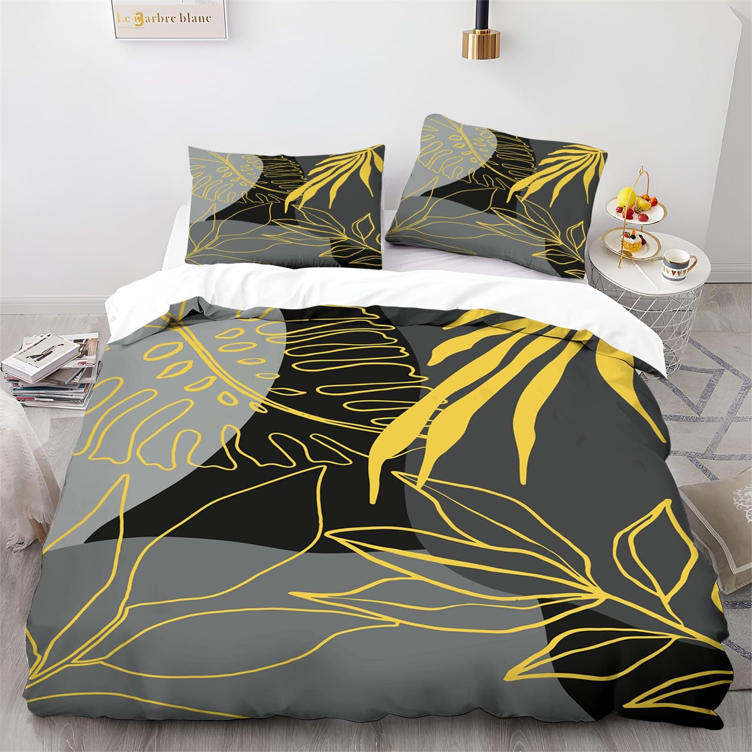 Duvet Cover Set Abstract Striped Leaf Printed Double Quilt Covers, Soft Microfiber Light Color Duvet Set Bedding with Zipper Closure for Kids Teens Adults Duvet Cover