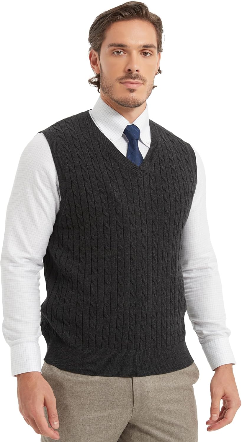 Kallspin Men’s Cable Knit Sweater Vest Pure Cotton V-Neck Sleeveless Knitted Pullover for Fall Winter - Image 8