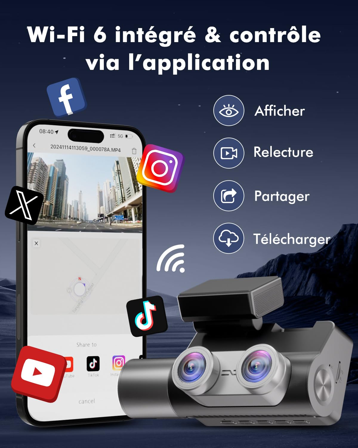 3 Lens Dashcam Auto 1440P Avant Arrière Intérieur, Avec 4" Écran Ips, 3 Canaux De Surveillance