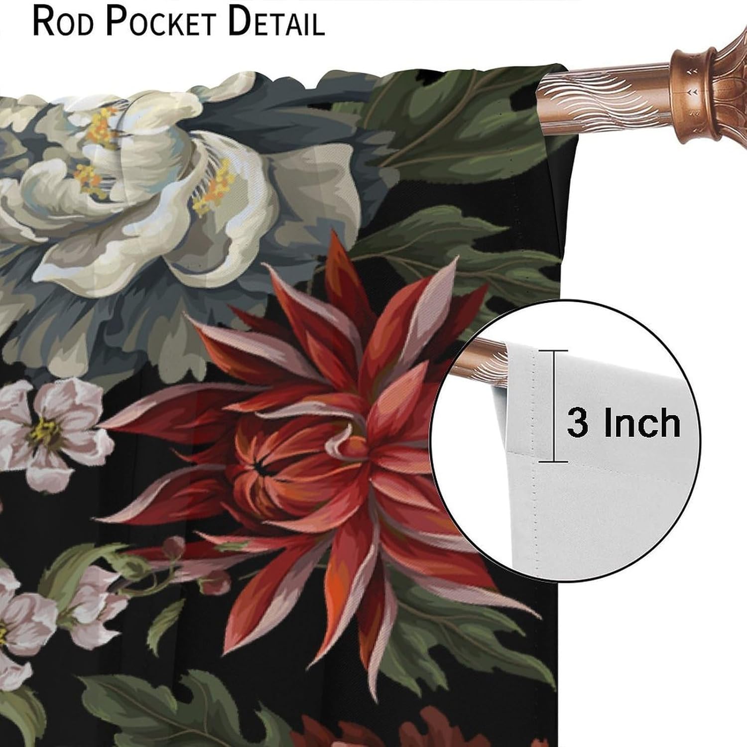 Vintage Peony Rose Curtains, Black Boho Floral Window Treatment Unique Colorful Bohemian Mandala Flower Leaves Blackout Window Drapes for Woman Bedroom Living Room Kitchen 42x45in