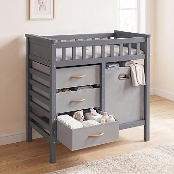 INFANS Wooden Baby Changing Table with Comfy Changing Pad, 3 Fabric Drawers, Laundry Hamper, Safety Belt, Diaper Station Dresser for Nursery Infant Light Gray