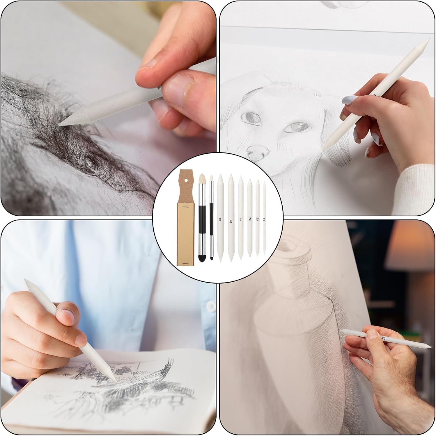 Blending Stumps for Drawing, 9PCS Tortillions Blending Pencil Oil Pastel Blending Tools Soft Paper Felts Sketch Blending Sticks Blending Sponge Pens and Sandpaper Pencil Sharpener Drawing Supplies
