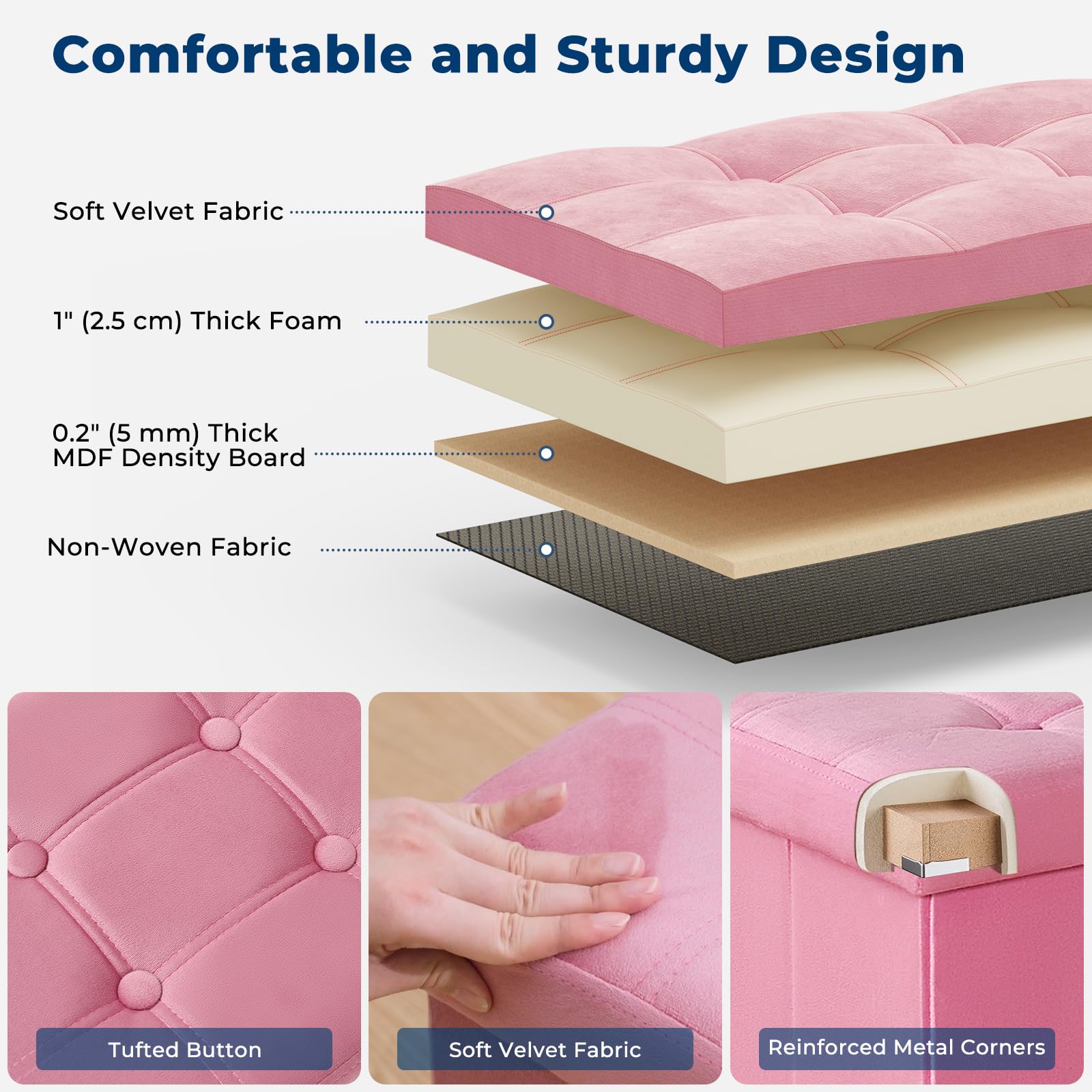 Banco otomano plegable de terciopelo de 30 pulgadas, elegante reposapiés y baúl de almacenamiento para sala de estar, dormitorio, entrada, muebles modernos para final de cama