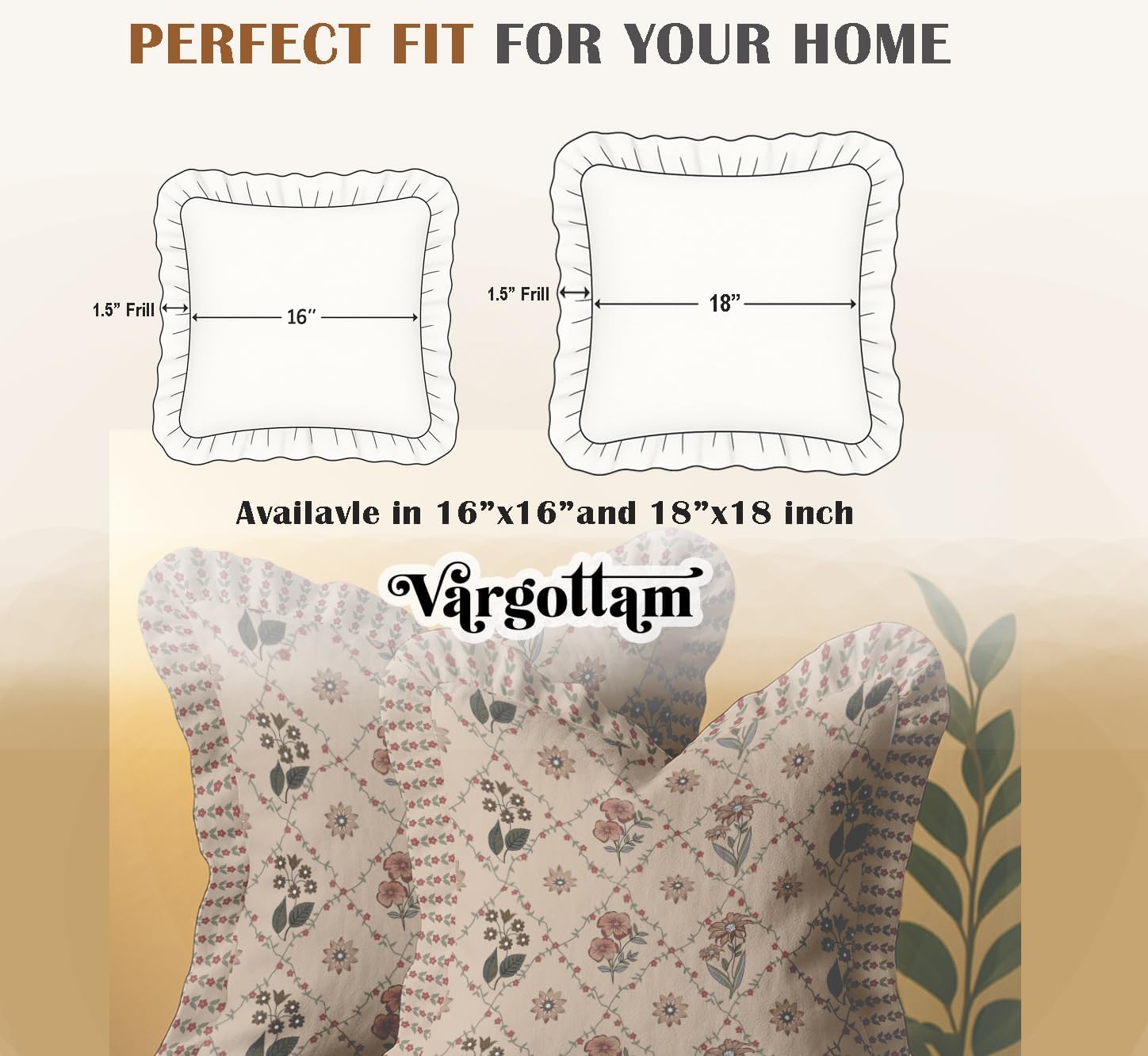 Cotton Twill Frill Cushion Covers 16 Inch Square, Set of 2, Reversible Print, Farmhouse Throw Pillow Covers with Hidden Zipper - Floral Print