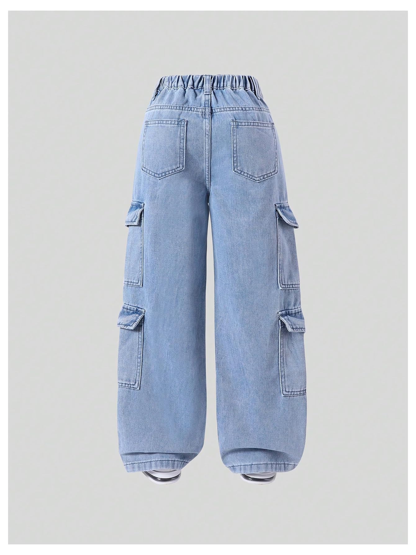 Floerns Pantalones de mezclilla de cintura elástica para niña, holgados, pierna ancha, con bolsillo con solapa