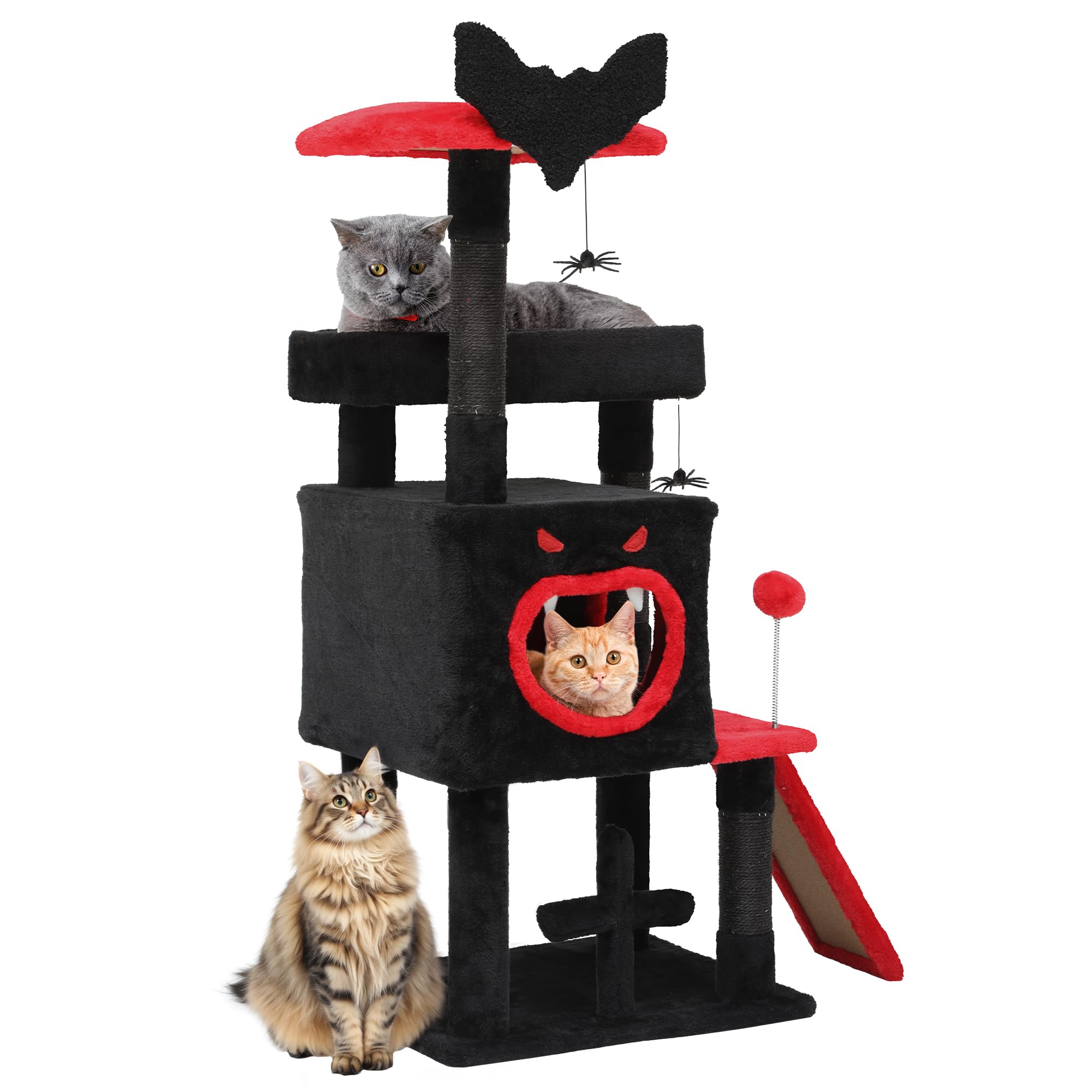 DWVO Árbol de Gato gótico de 111 cm para Interior con Cama de ataúd, espaciosa casa para Gatos, Bola de araña Colgante y rascador, Color Negro