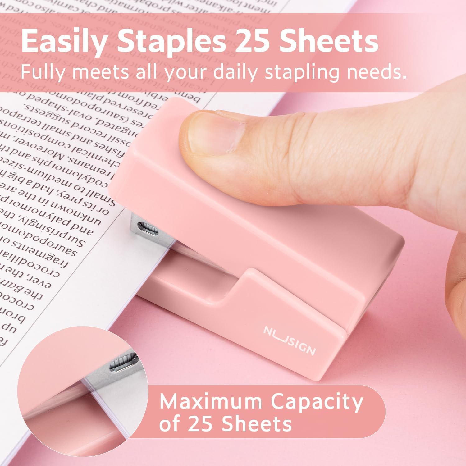 NUSIGN Mini Stapler with 830 Staples, 25 Sheet Capacity, Pink image 2