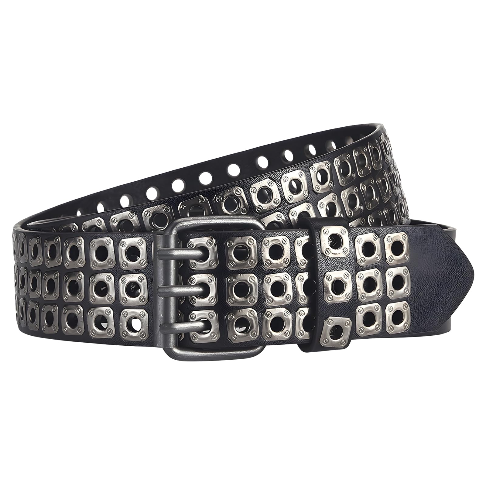 JAMAKALA 3 Row Studded Grommet Belt, Punk Rock PU Leather Belts for Men Women, Black Goth Rivet Gothic Belt Accessories for Jeans Pants (Black Leather - Black Rivets, Fit Waist Size 25-39.4")