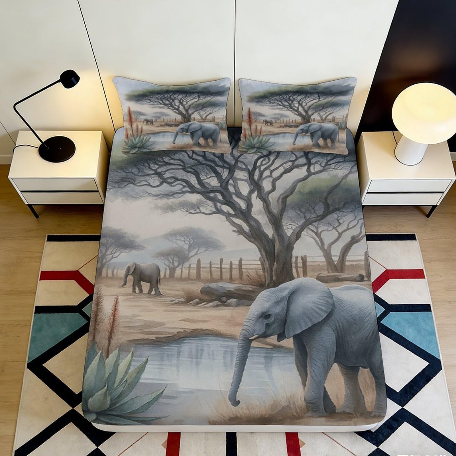3D Printed African Savanna Fitted Sheet Microfiber Non-slip Elephant Landscape Mattress Cover Bedroom Decor 90x200x25cm
