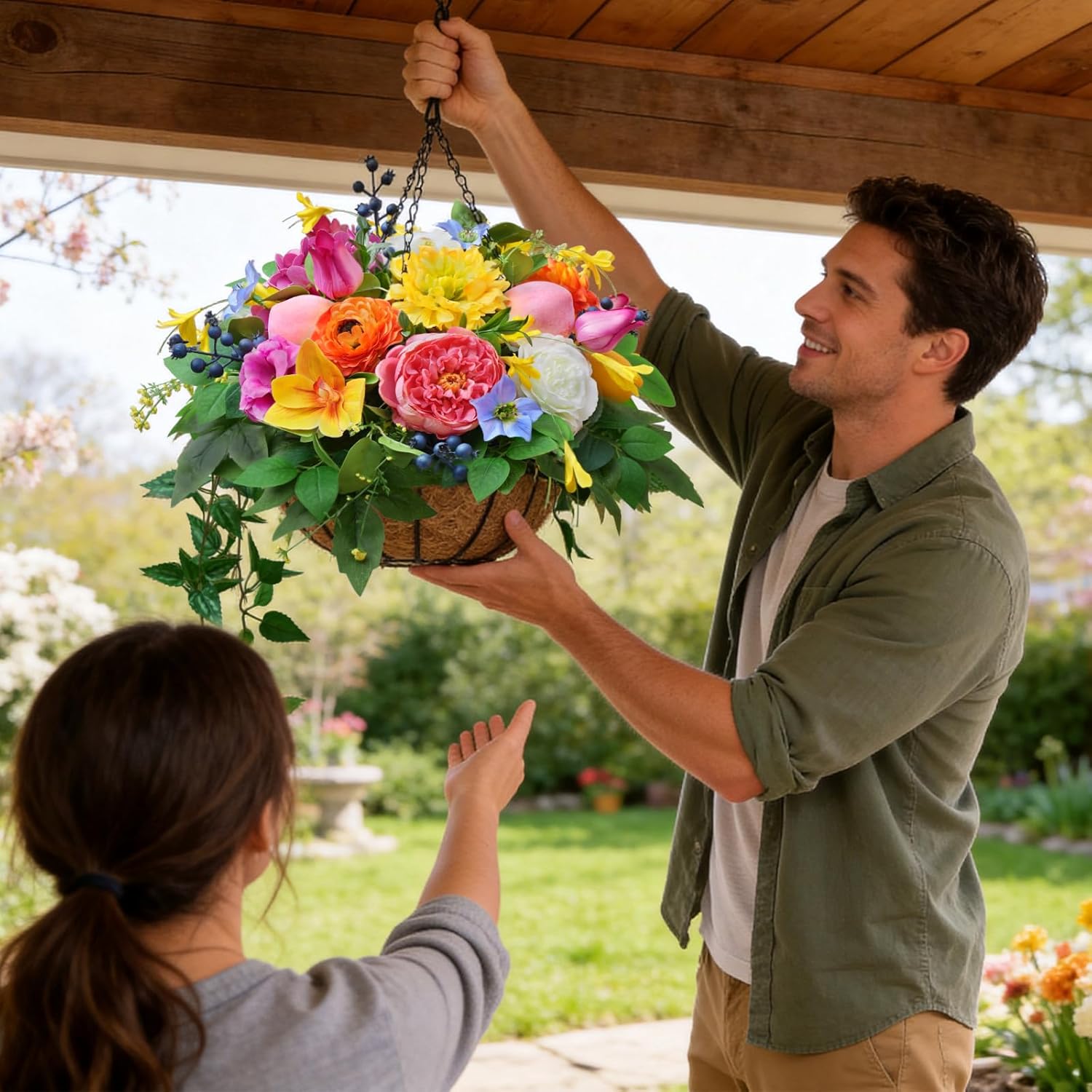 Soomeir Artificial Hanging Flowers Basket for Outdoor, Faux Hanging Plants, Garden-Style Mixed Blooms with Roses, Dahlia & Gerbera, Decorative Fruit & Lush Greenery for Porch, Patio, Balcony
