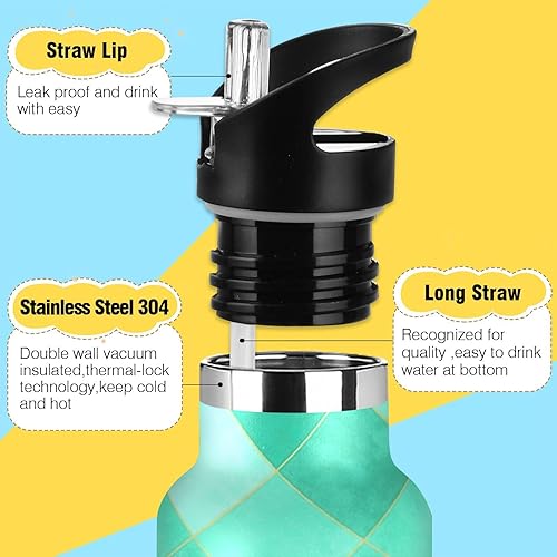 Miniatura 3 de Kids Water Bottle with Straw for School Leakproof Sports Water Bottle for Boys Girls 20oz, BPA-Free, Turquoise Aqua Diamond Tiles