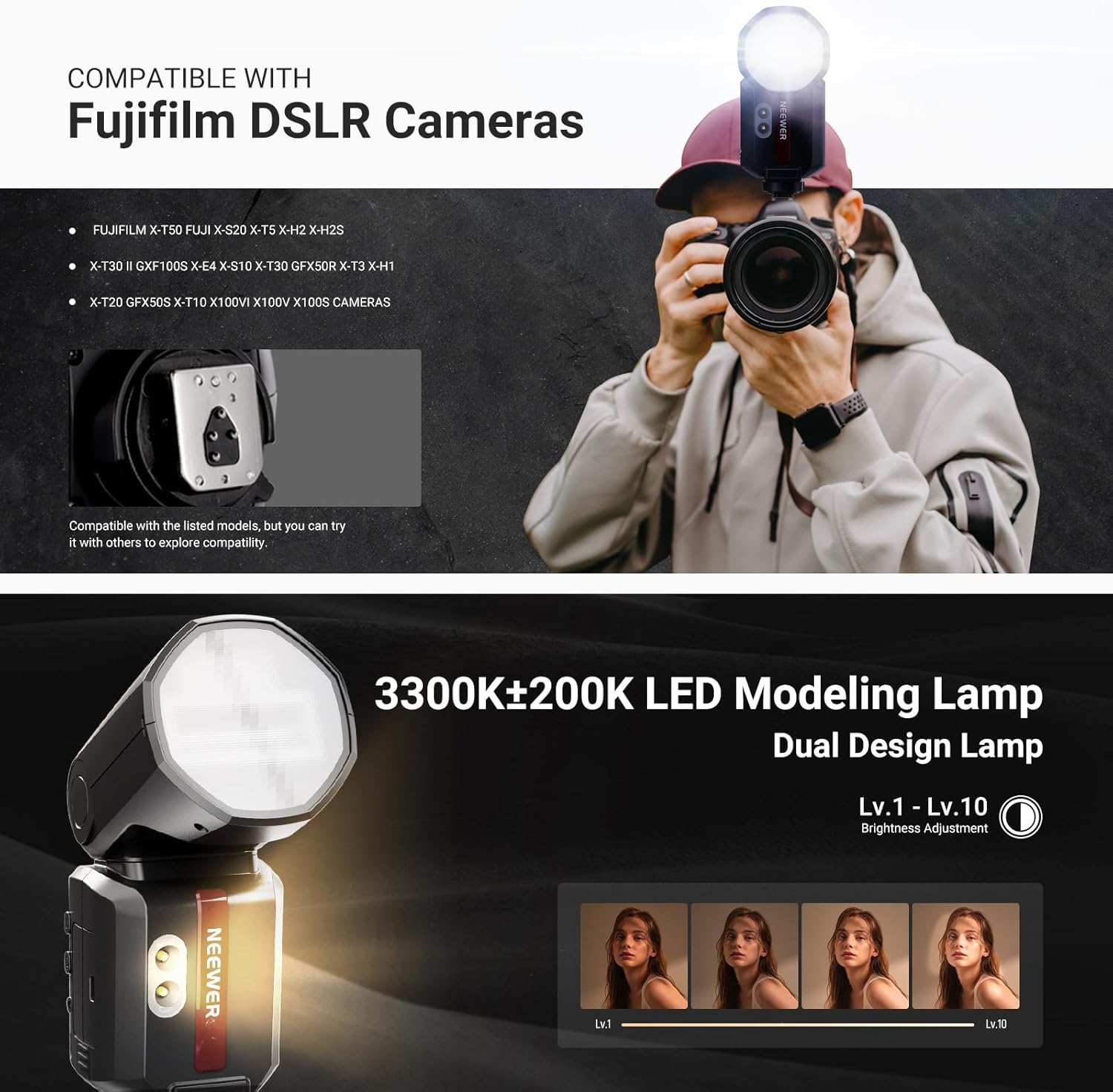 NEEWER 100Ws 2.4G TTL Hot Shoe Flash Speedlite Compatible with Fujifilm Cameras, Touch Screen, 1/8000s HSS, 2 Modeling Lamps, TTL/M Toggle, 3000mAh/500 Full Power Flash Studio Photography Light, Z3-F