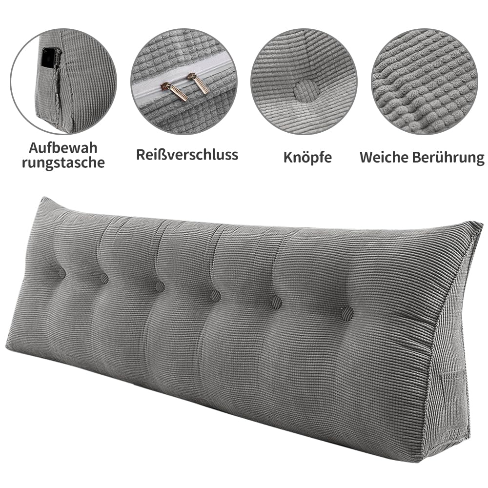 180 cm Rugkussen grijs,Leeskussen voor bed en bank,wigkussen, positioneringsteunkussen,zitkussen,driehoekskussen,groot met wasbare hoes, wigvormig kussen voor op bed