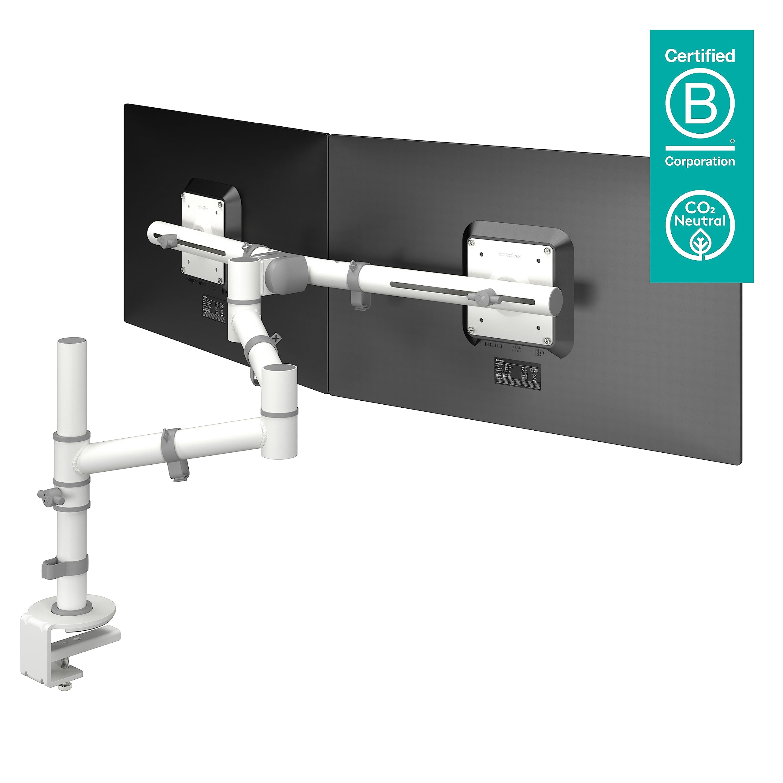 Dataflex Viewgo Monitorarm - Schreibtisch 130 Weiß, Platzsparender ergonomischer Monitorhalterung für 2 Bildschirme, 210mm Höhenverstellung, Max. 4kg pro Monitor, Unterstützt Hoch- und Querformat, Einfache Installation | Doppelarm für 2 Monitore, weiß