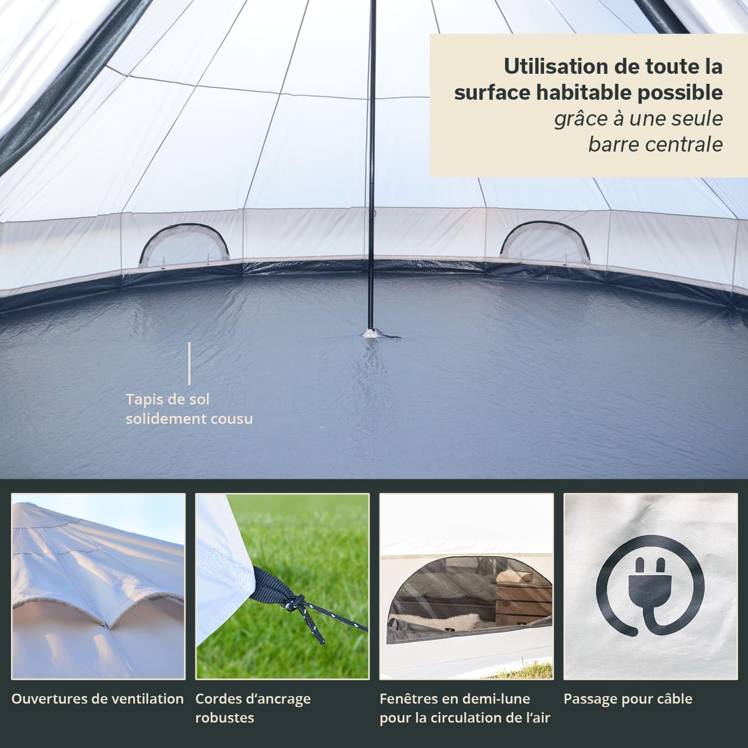 Skandika Tente Tipi Kuopio 400/500 Protect 8 à 10 Personnes | Tente de Camping imperméable, matériau recyclé, Hauteur 2,5-3 m, Ø4m - Ø5m, Sol Cousu, Tente Glamping familiale