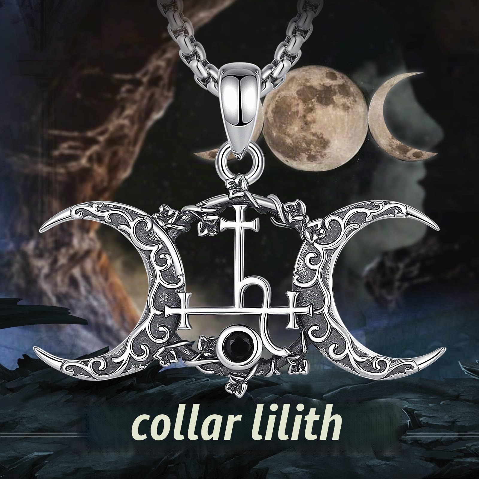Collar Sello de Lilith Triple Luna Diosa para Mujer Plata de Ley 925, Vintage Lilith Witcher Collars Wicca Colgante Runas Joyería Amuleto de la Suerte Regalo para Mujer, 50CM