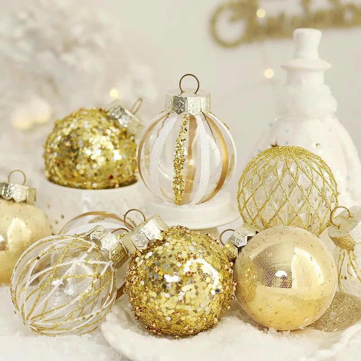 25 Piezas Adornos de Bolas de Navidad de 6 cm Adornos Transparentes Dorados con Purpurina Decoraciones Colgantes para árbol de Navidad para el hogar-Negro Dorado-6 cm