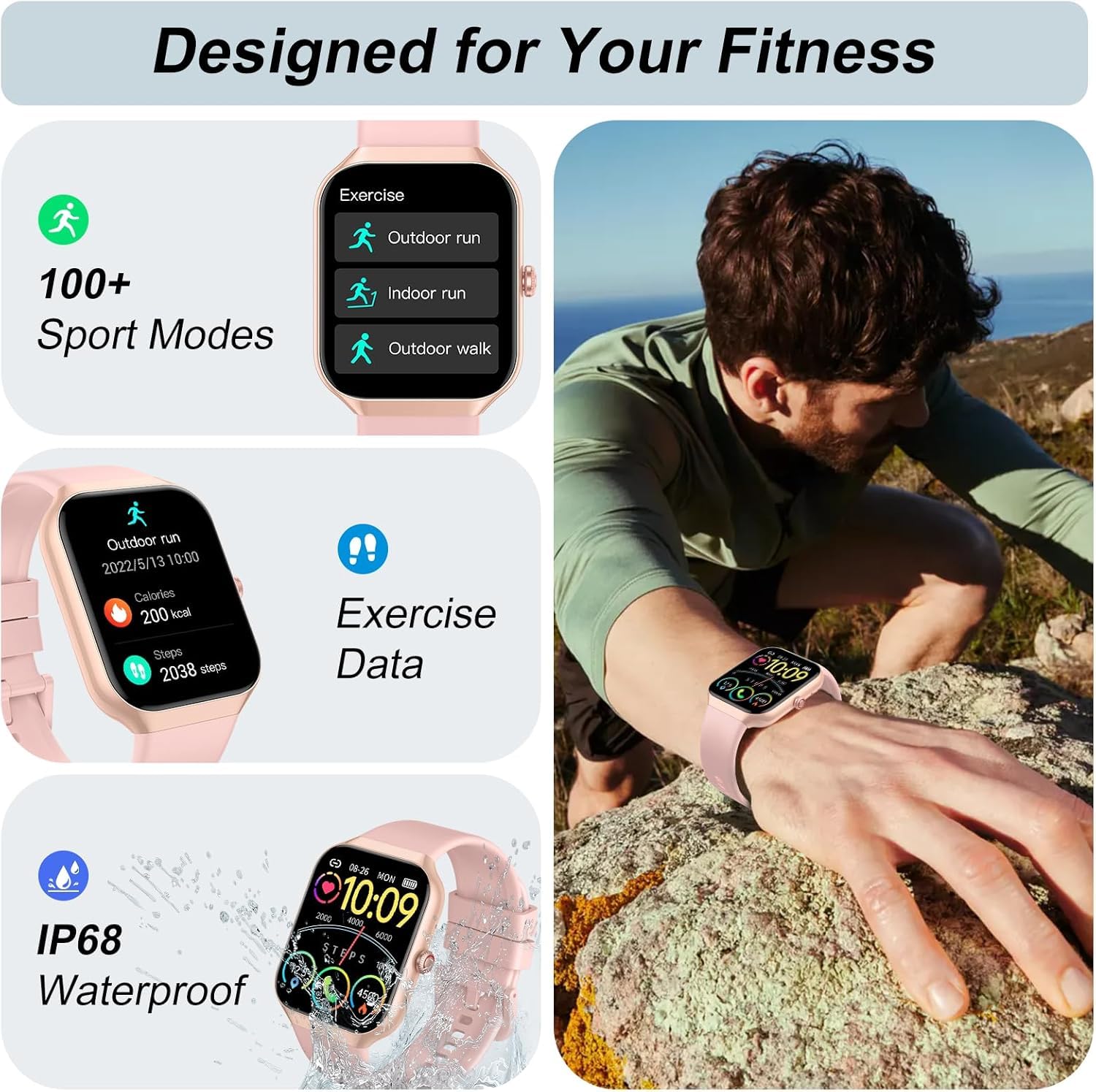 Reloj Inteligente Mujer, 1,96" HD, 100+ esferas, Llamadas Bluetooth, IP68 | Smartwatch deportivo con 100+ modos, pulsómetro, monitor de sueño, 300mAh, SpO2, avisos WhatsApp, GloryFit, música y cámara