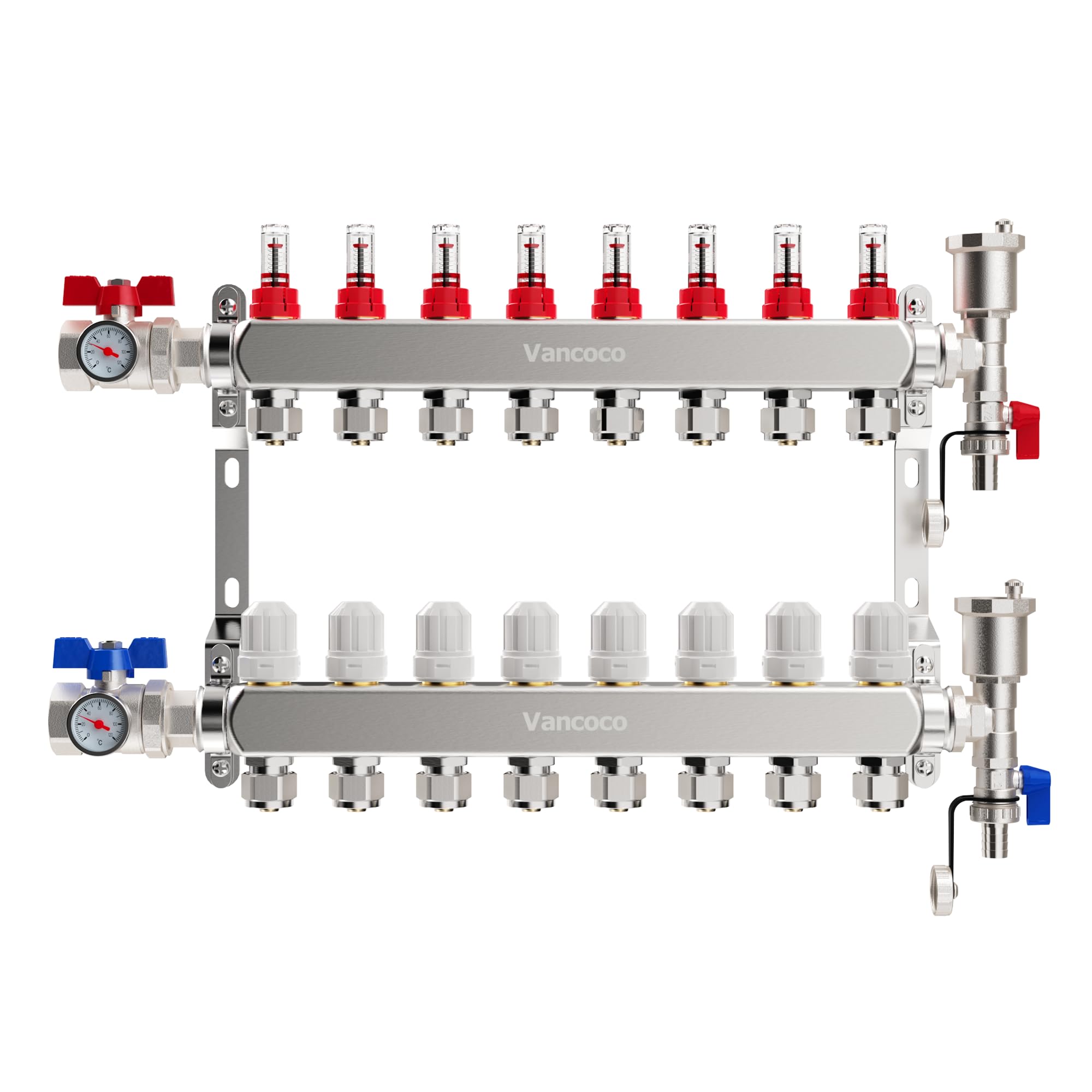 VANCOCO Colector de Suelo Radiante 8 Circuitos, con Cono Europeo 16 × 2 mm, Grifos Bola 1" Compactos, Caudal 5 L/Min, Kit de Purga Rápida