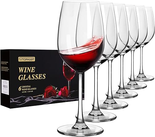 Vtopmart Juego de 6 copas de vino, 13.9 onzas, cristal blanco o tinto, vidrio transparente sin plomo con tallo largo para regalo, degustación de