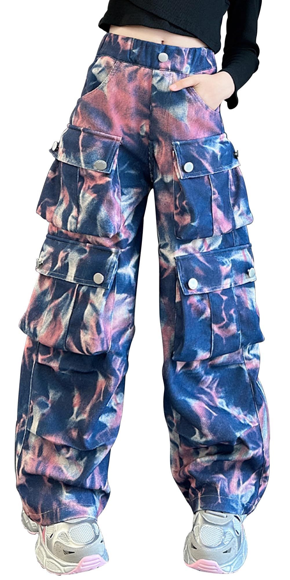 SEAUR Jeans da ragazza Baggy Cargo Multi Tasche Pantaloni cargo Y2K Hip Hop Streetwear per il tempo libero per bambini Jeans Elastico in vita Tie-Dye – 120 – 170 = (EU 110 – 164)