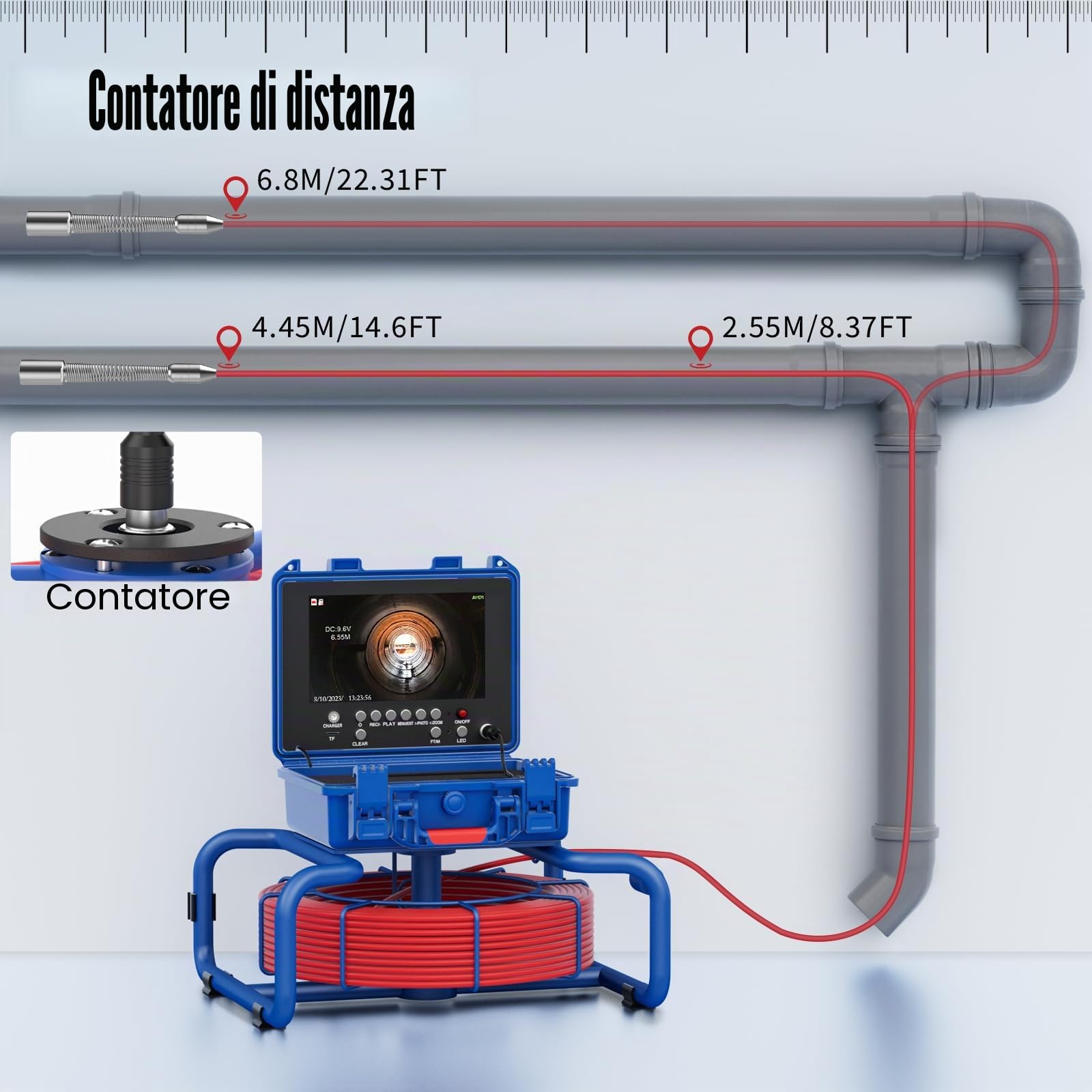 Telecamera Ispezione tubi 50 metri con Sonda Localizzatore Videoispezione Professionale Contatore di Distanza e Trasmettitore 512hz, Telecamera per Tubi 9 Pollici (with Locator)