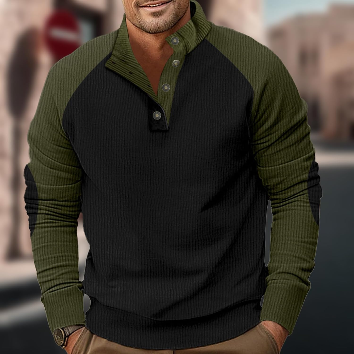 domirica Men's Solid Color Corduroy Half Collar Shirts Brown Long Sleeve Lightweight Casual Loose Fit Streetwear Pullover - Image 2