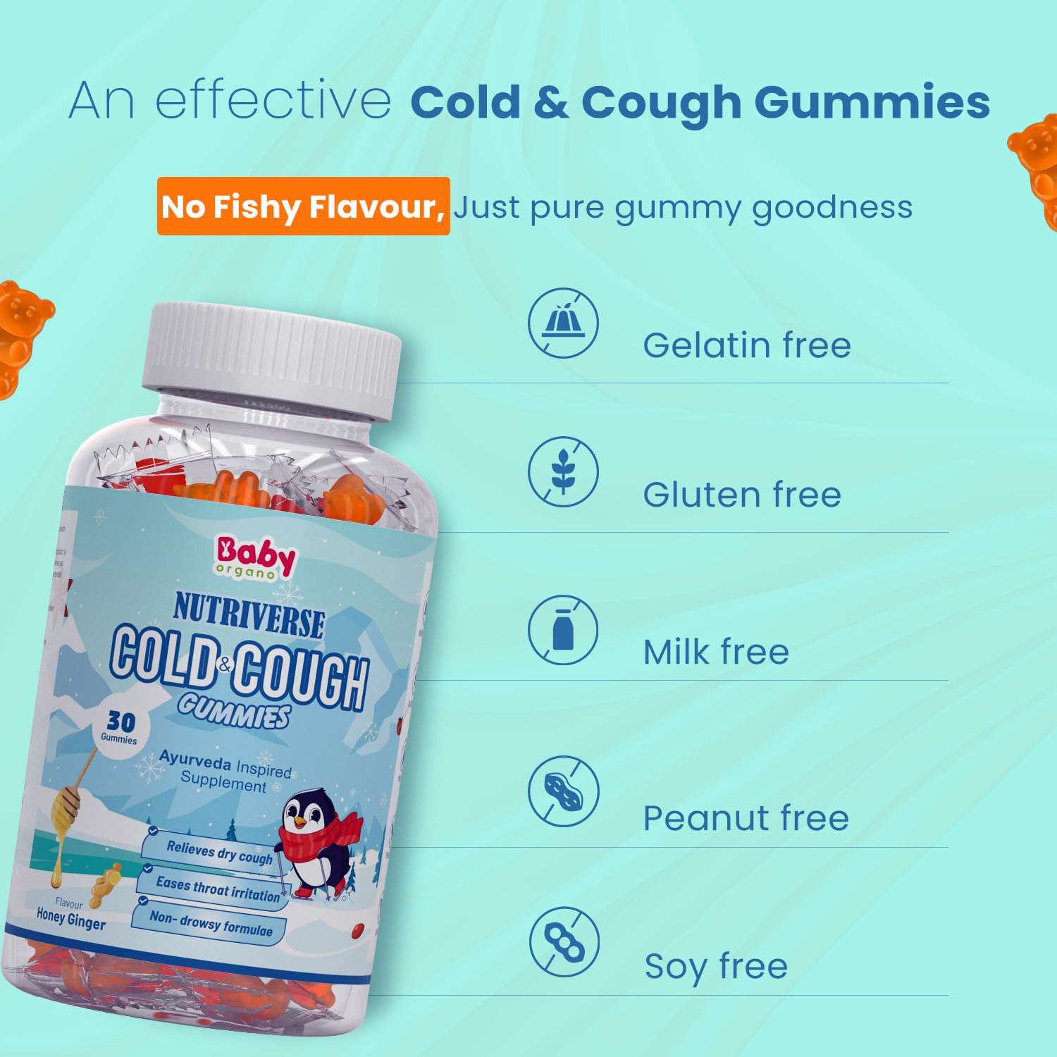 Babyorgano Nutriverse Cough & Cold Relief Gummies For Kids (2-15 Yrs) |30 Gummies |Relieve Dry Cough, Throat Irritation|Non-Drowsy, Ayurveda Inspired Formula, No Gelatin, Gluten, Dairy|Mango Flavor - Image 4 thumbnail