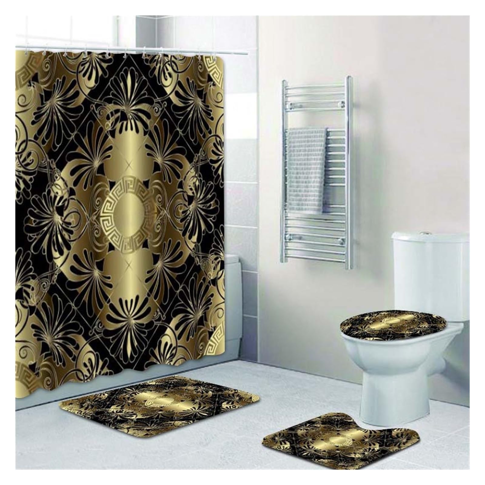 GSJNHY Pattern Shower Curtain and Rug Set Abstract Geometric Bathroom Mats Rugs Toilet Decor Mat (Color : YLQ3046-4PCS Set2)