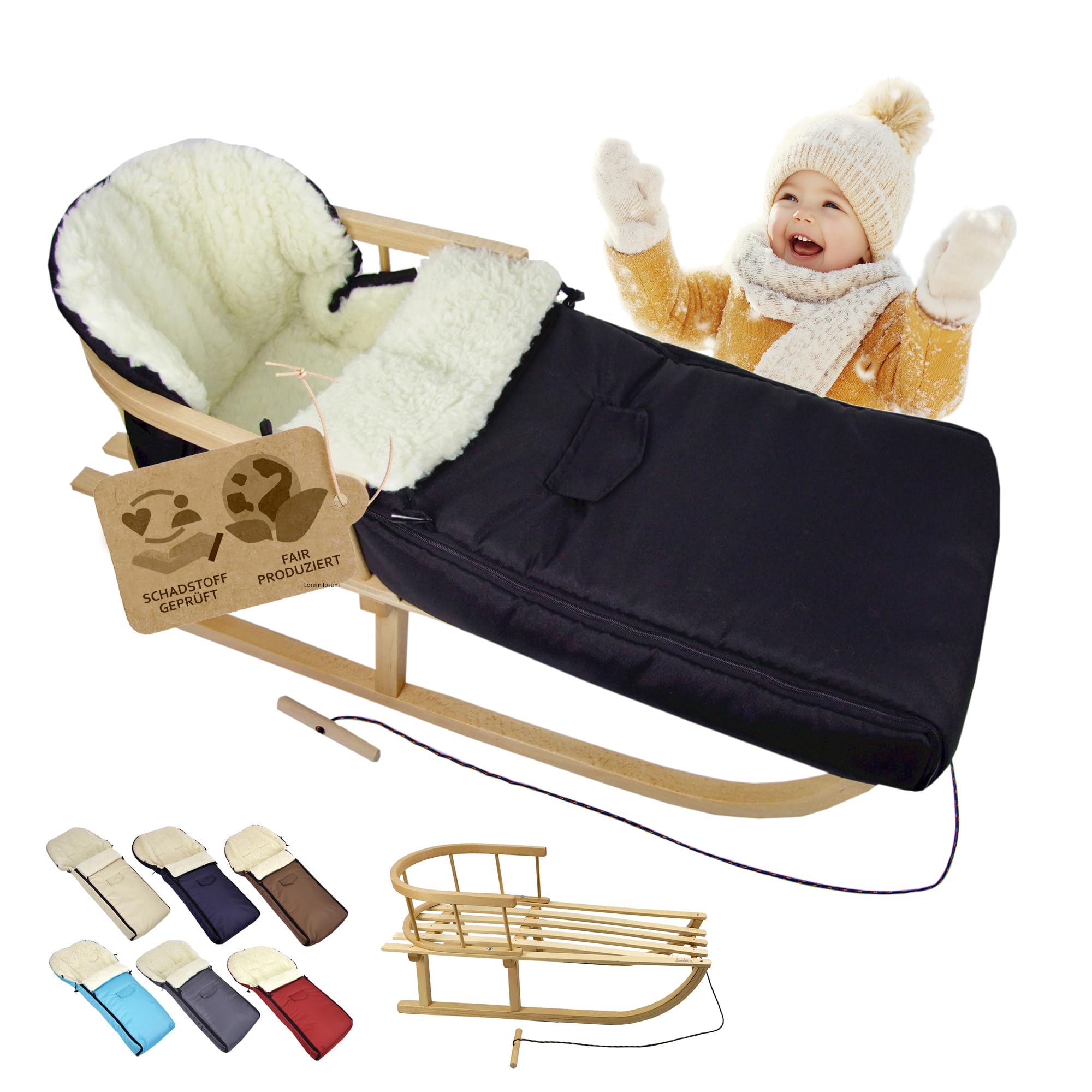 Kombi-Angebot [Holz-Schlitten + universaler Winterfußsack 108cm] Rodel mit Rückenlehne und Zugseil Fußsack geeignet für Babyschale Kinderwagen Buggy mit Lammwolle (schwarz (108cm))