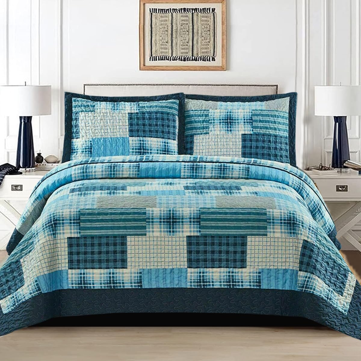 3 PCS Patchwork Bedspread Quilted Bed Throw Single Double King Size Bedding Set (Denim Blue, King Size Bedspread set) — image 1